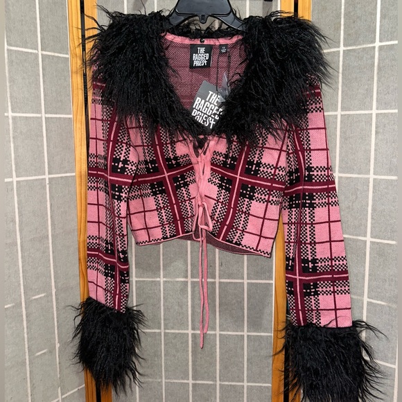 The Ragged Priest Jackets & Blazers - The Ragged Priest Pink Plaid Cardigan Sweater with Black Faux Fur